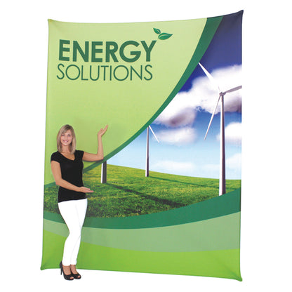 Trade show fabric display with energy solutions branding and wind turbines backdrop