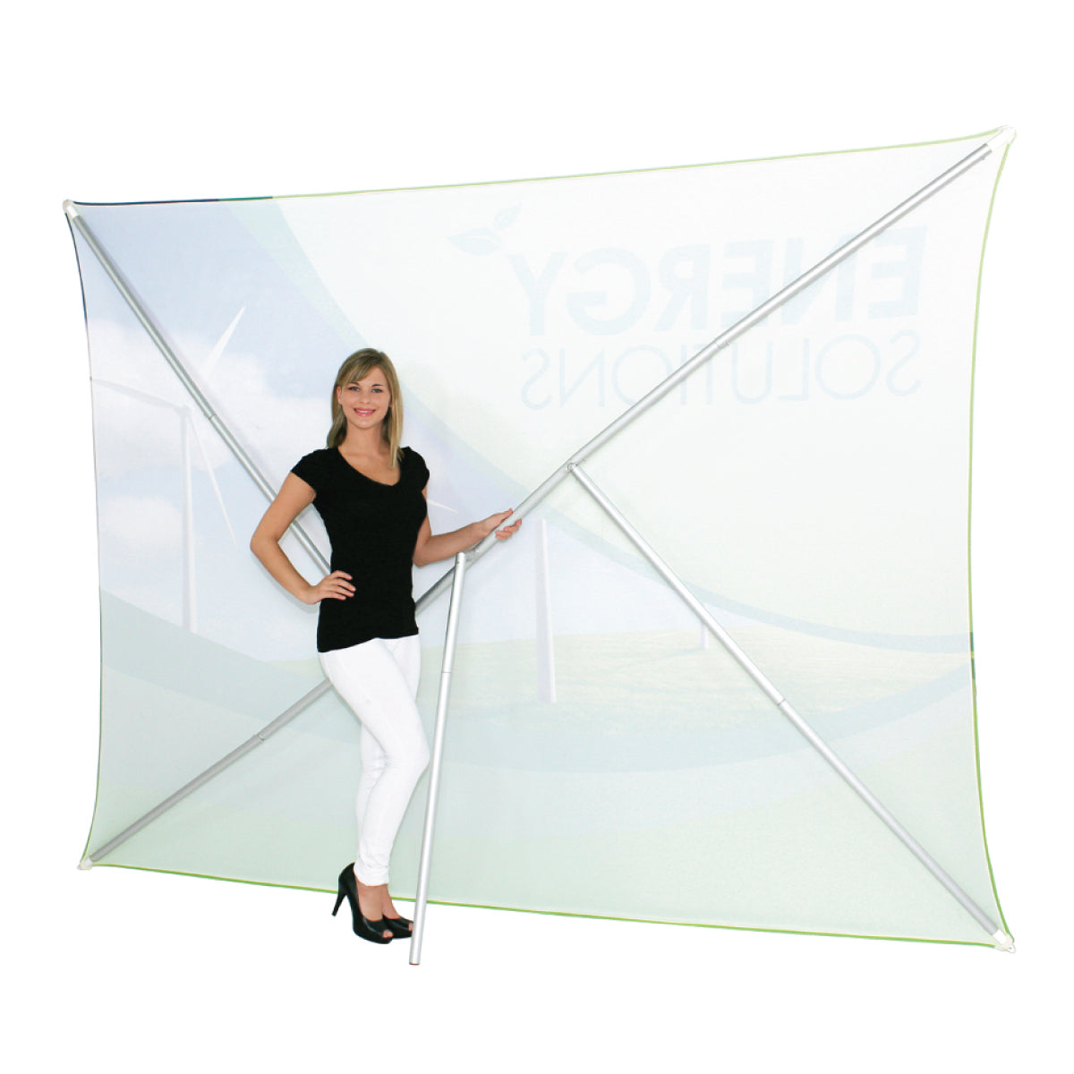 Portable trade show fabric display with aluminum frame demonstrated by woman for exhibitions and events