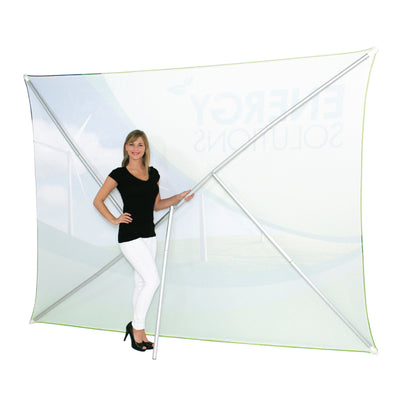 Portable trade show fabric display with aluminum frame demonstrated by woman for exhibitions and events