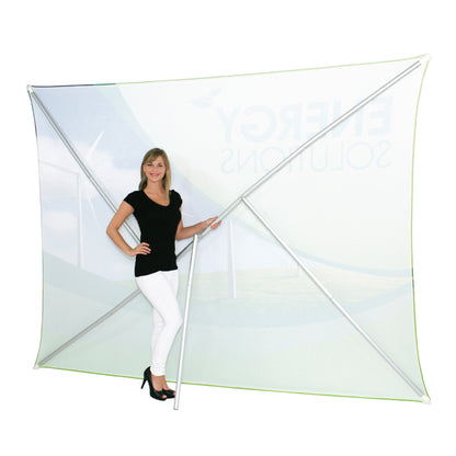 Portable trade show fabric display with aluminum frame demonstrated by woman for exhibitions and events