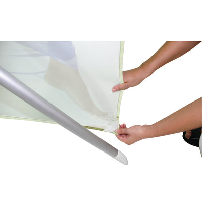 Hands attaching a fabric graphic to a trade show display frame for exhibitions and events