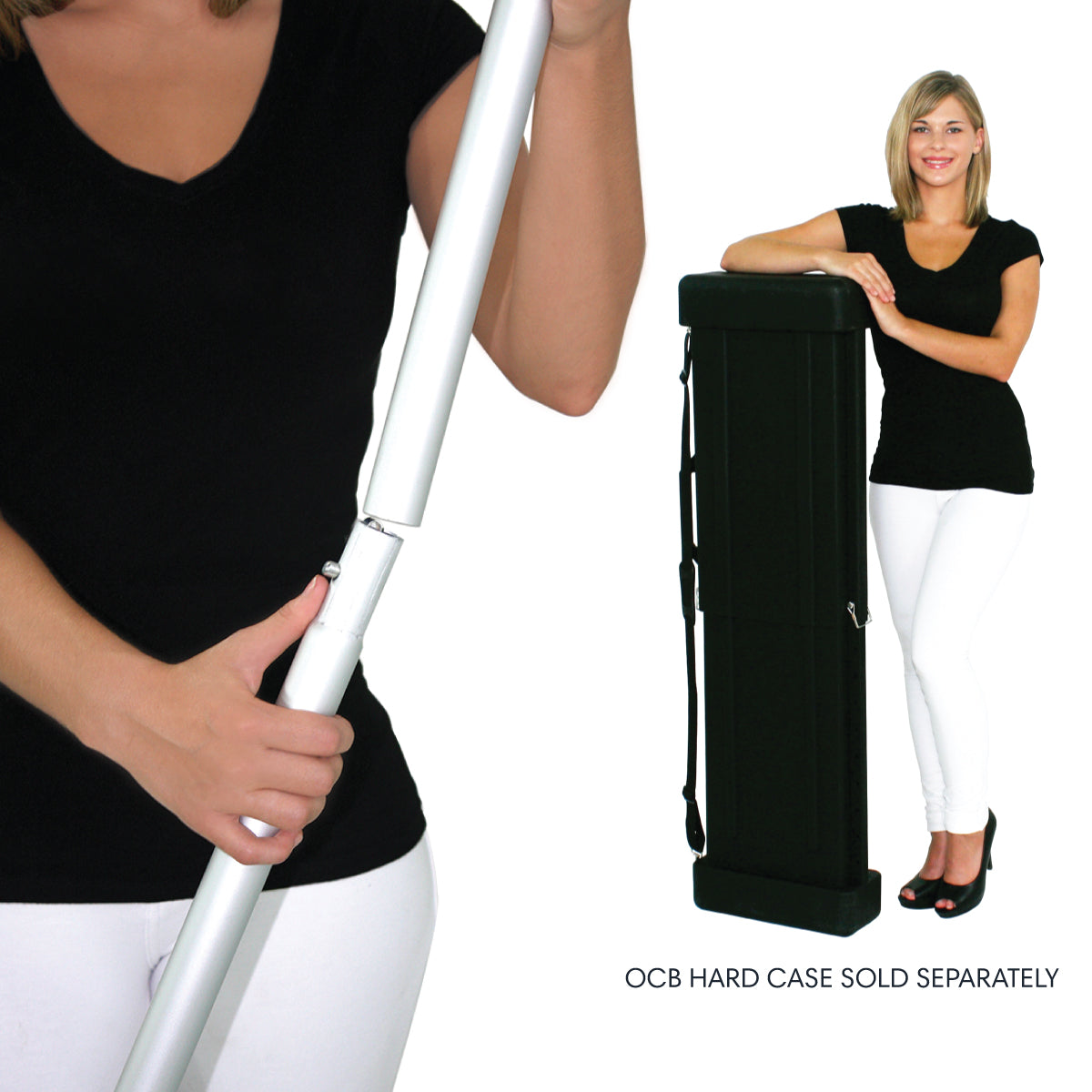 Woman demonstrating adjustable pole and portable hard case for trade shows and exhibitions