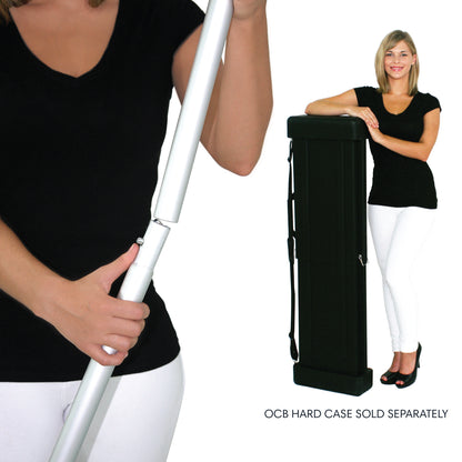 Woman demonstrating adjustable pole and portable hard case for trade shows and exhibitions