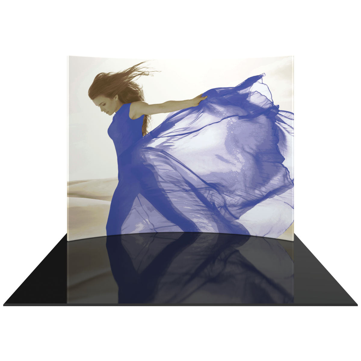 Curved fabric trade show display with dynamic image of woman and flowing fabric for exhibitions