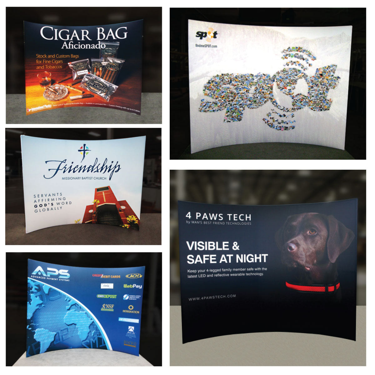 Curved trade show displays featuring promotional graphics for cigars, technology, church, payment systems, and pet safety