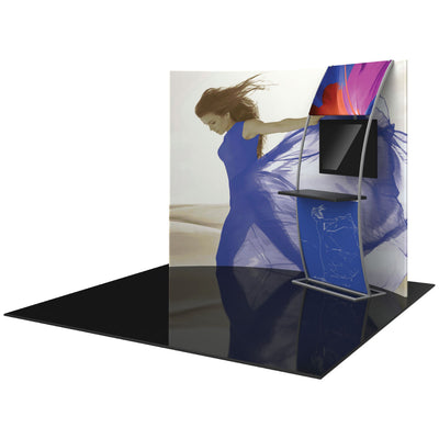 Curved 10ft trade show display with large graphic panel and monitor stand for exhibitions