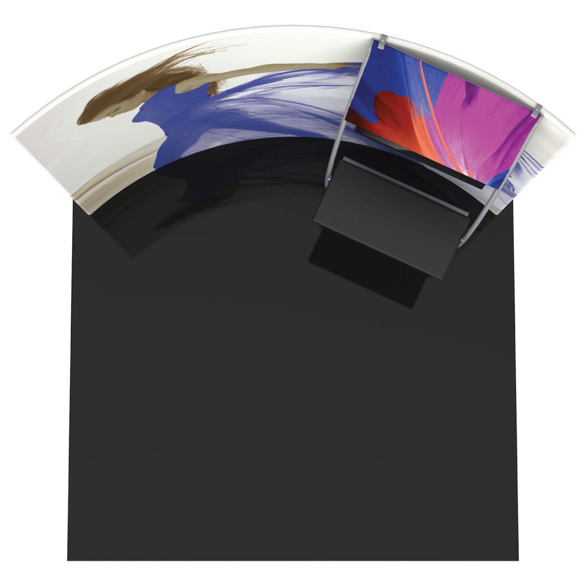 10ft curved trade show display booth with graphic panels and counter for exhibitions and events