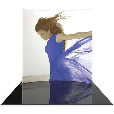 Curved fabric trade show display featuring large print of woman with flowing dress for exhibitions and events