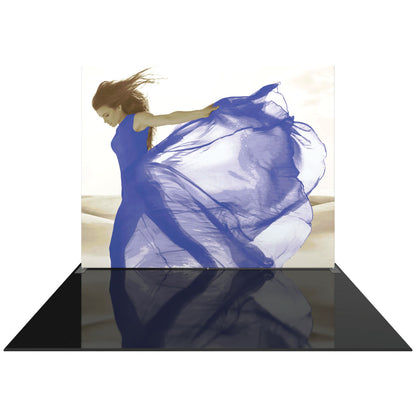 Straight fabric display booth featuring large print of dancing woman for trade shows and exhibitions