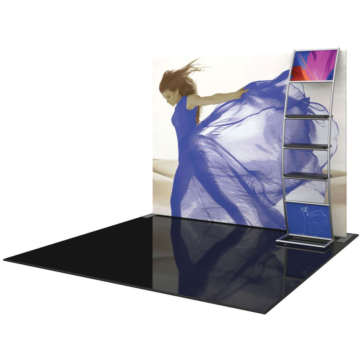 Trade show display with large fabric graphic backdrop and brochure stand for exhibitions and events