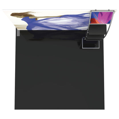 Trade show display with straight graphic backdrop featuring a woman in flowing fabric and attached literature rack