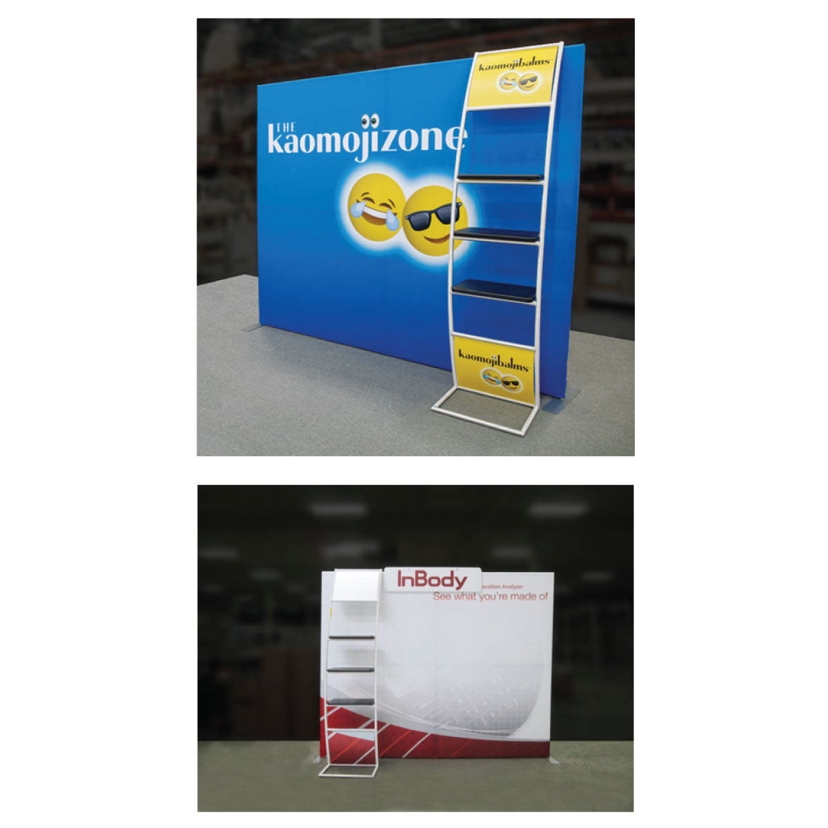 Trade show fabric backdrops with attached shelving units for product display at exhibitions and events