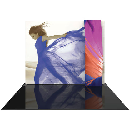 Fabric backwall display featuring large printed image of woman with flowing dress for trade shows and exhibitions