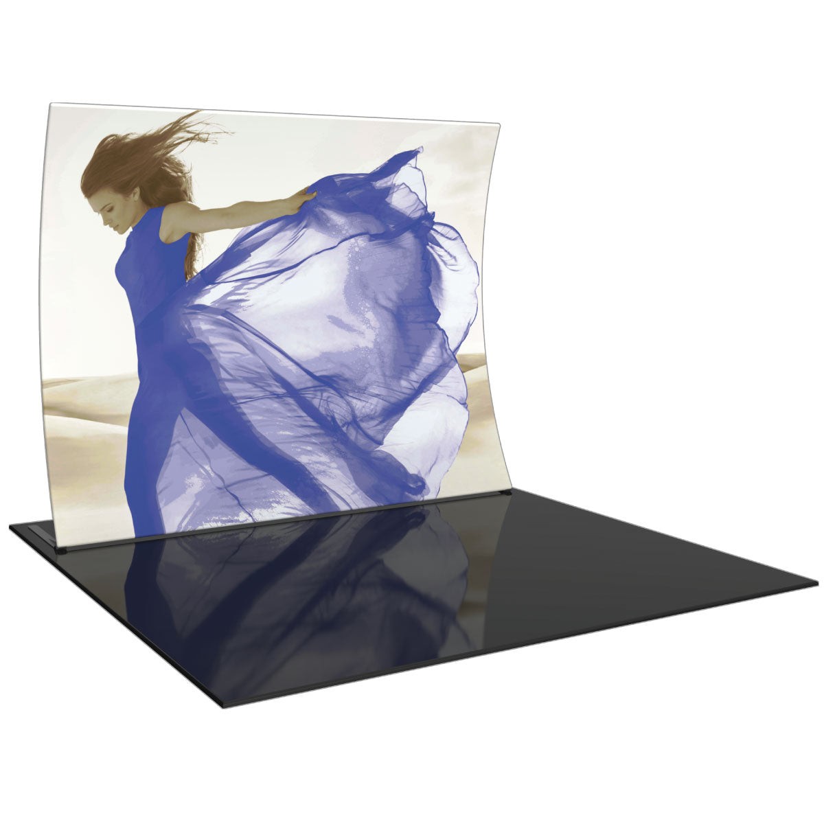 Curved fabric display stand with high-resolution fashion image for trade shows and exhibitions
