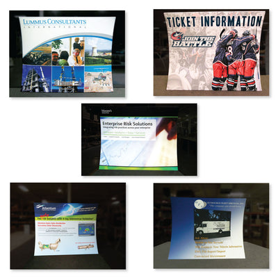 Curved fabric trade show displays with graphics for consulting, sports ticket info, risk solutions, UV disinfection, and fleet services