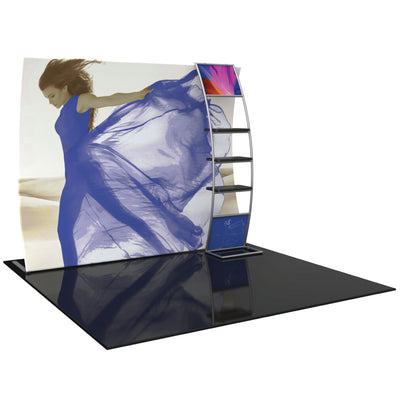 Curved trade show display with large graphic backdrop and attached shelving unit for exhibitions and events
