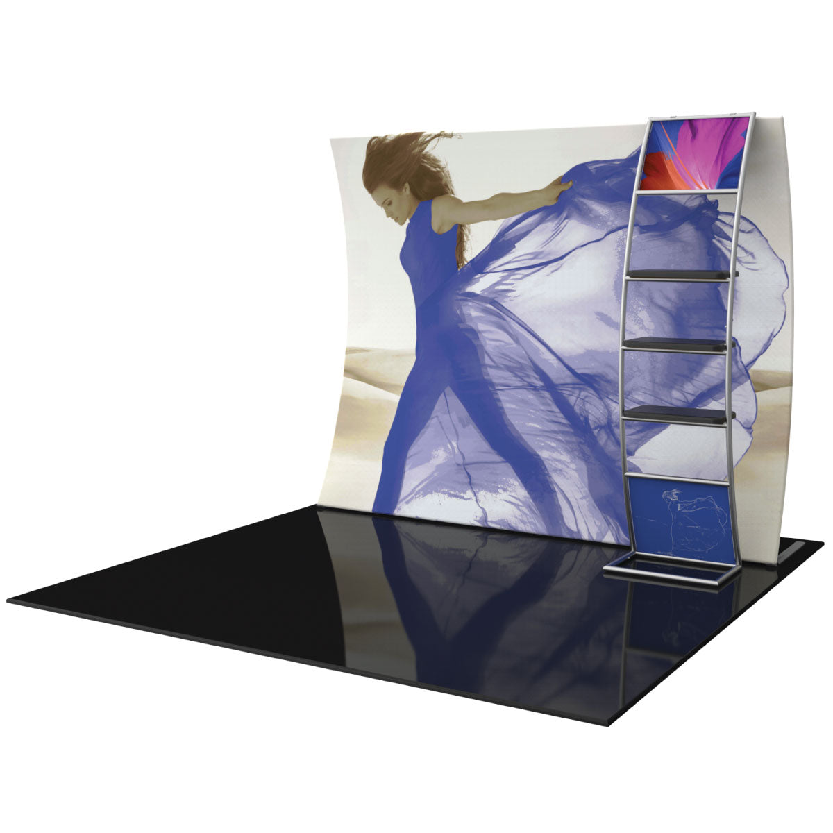 Curved trade show display with fabric graphic and metal shelving unit for exhibitions and events