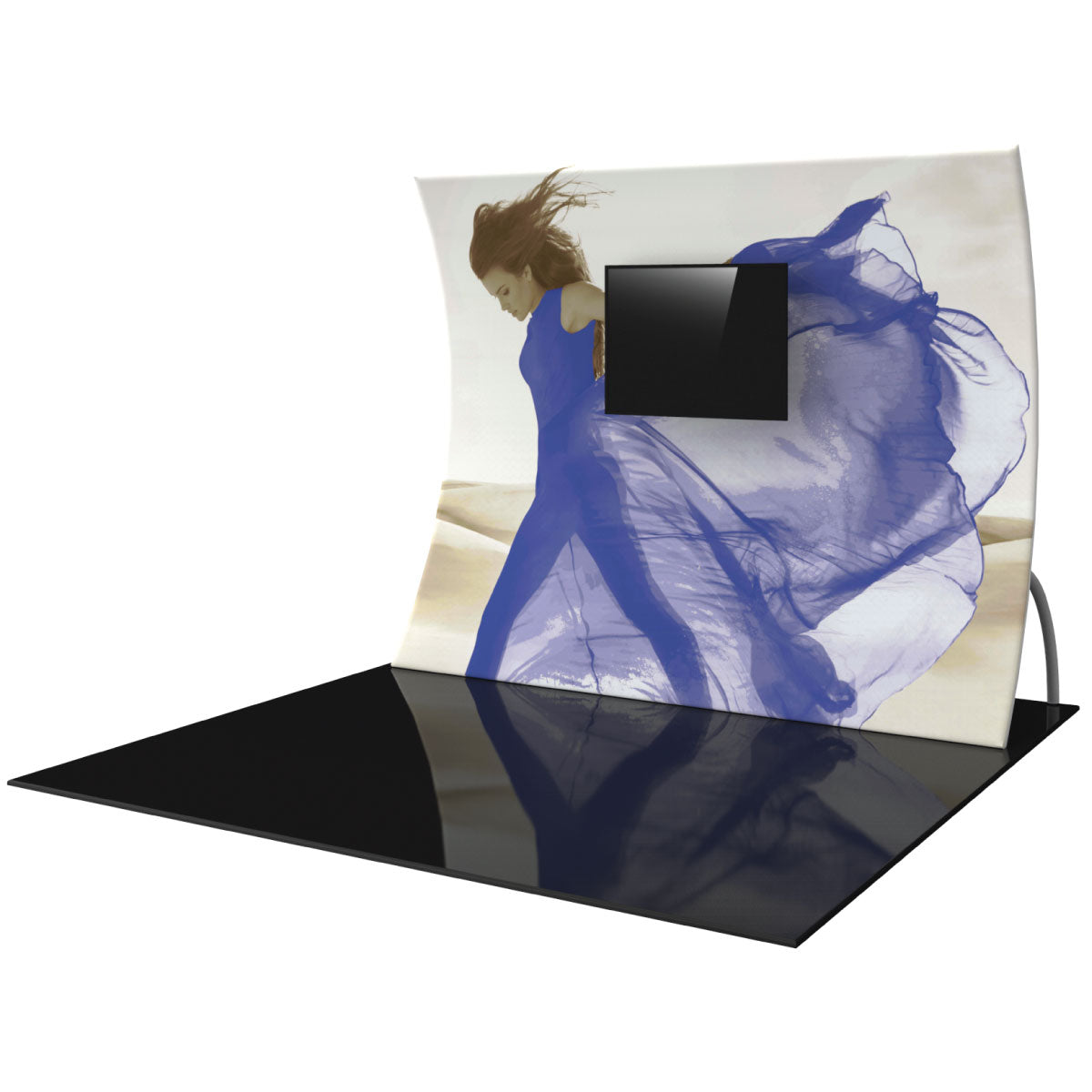 Curved trade show display with fabric graphic of woman in flowing dress and mounted monitor