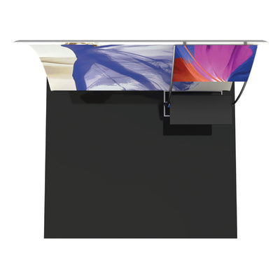 Trade show booth with curved fabric display and attached counter for exhibitions and special events
