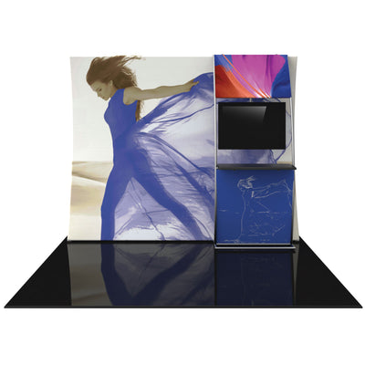 Trade show display featuring large curved fabric backdrop with dancer image and attached monitor kiosk