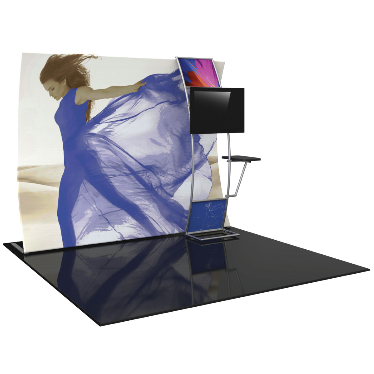 Curved trade show display with large fabric graphic and integrated monitor stand for exhibitions