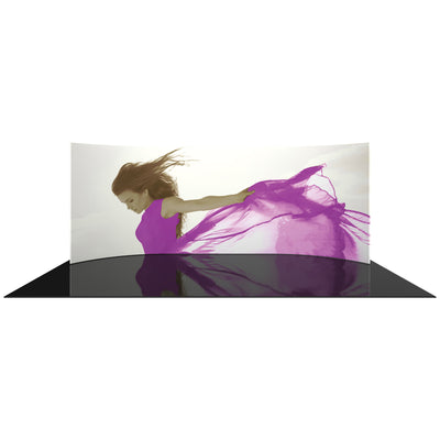 Curved trade show display with large vibrant image of woman, ideal for exhibitions and events