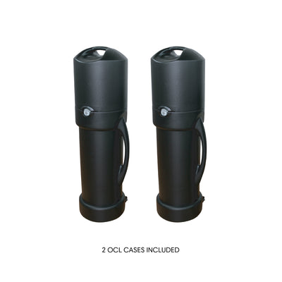 Two durable cylindrical carrying cases with handles for trade show and exhibition display transport
