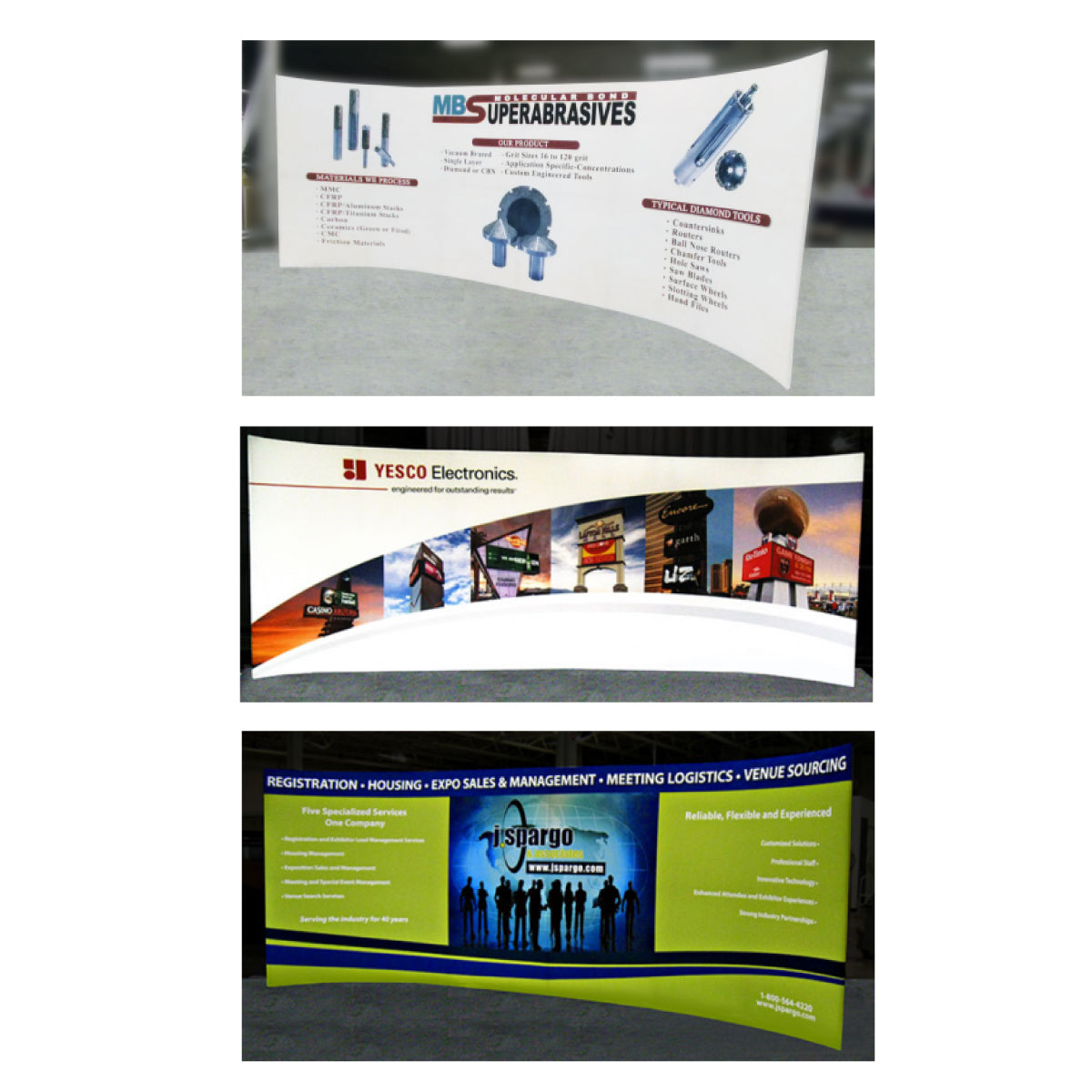 Three curved trade show display banners showcasing industrial abrasives, electronics signage, and event management services
