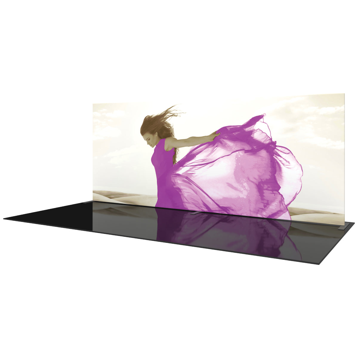 Large straight fabric display with vivid fashion print designed for trade shows and special events