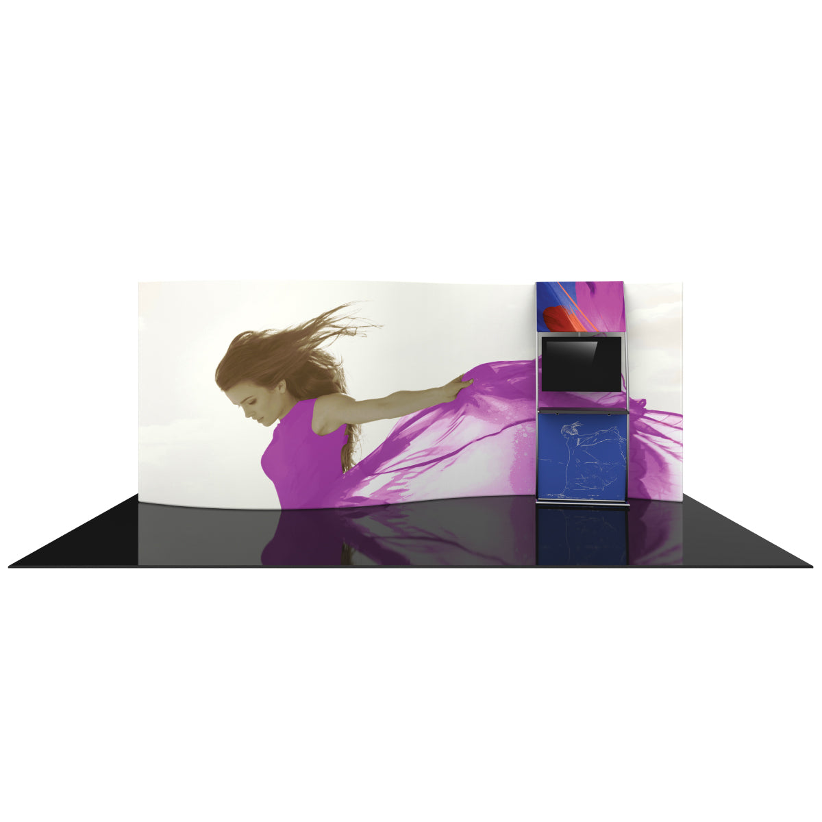 Curved trade show exhibit with large graphic of woman in flowing fabric and integrated monitor display