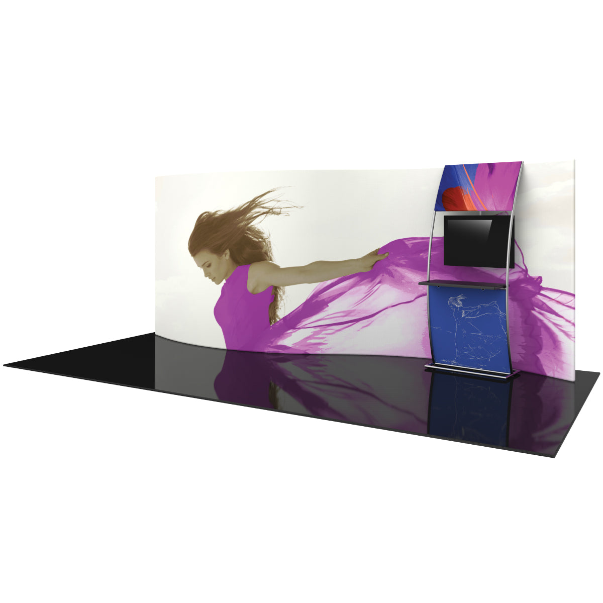 Trade show display with large curved backdrop and integrated monitor stand for exhibitions