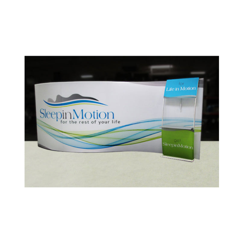 Curved trade show display with Sleep in Motion branding and a small promotional stand for exhibitions and special events