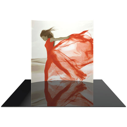 Curved fabric trade show display featuring a dynamic woman image for exhibitions and special events