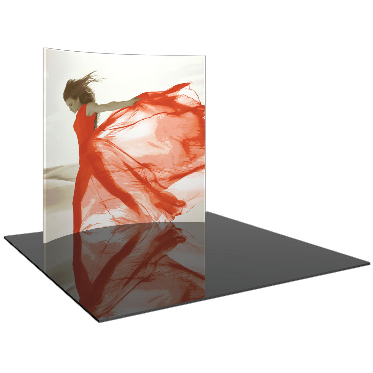 Curved fabric trade show display with dynamic dancer graphic for exhibitions and events