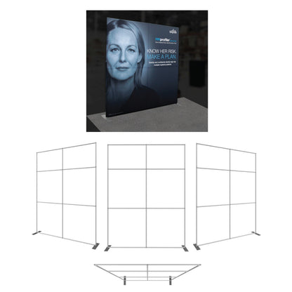 Straight trade show display with graphic panel showing woman's face and risk awareness message for exhibitions