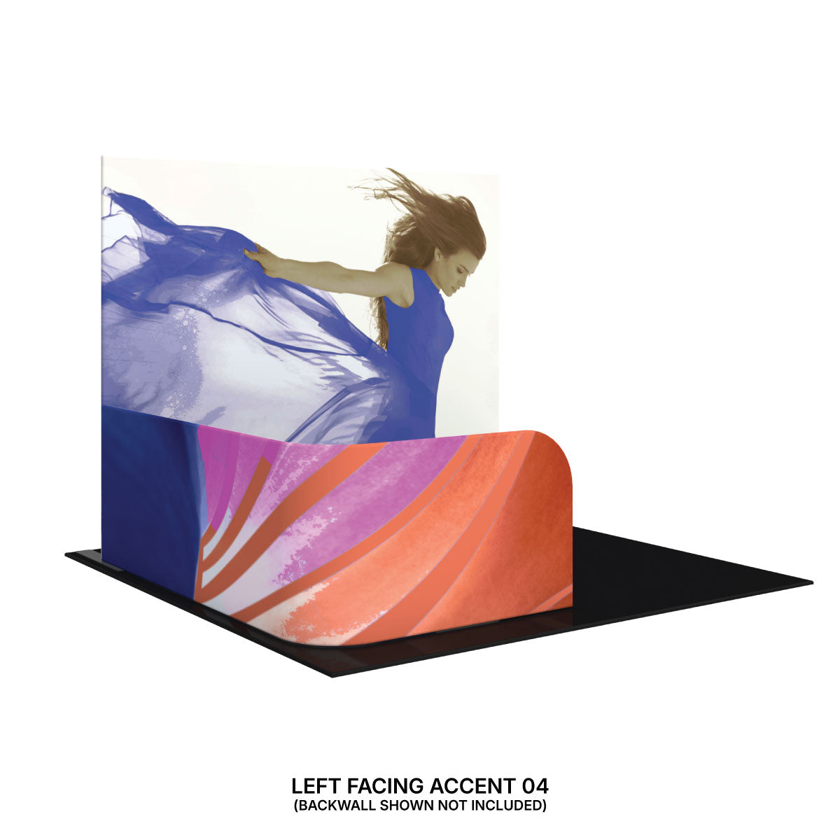 Curved trade show backwall accent with dynamic female figure and abstract design for exhibitions