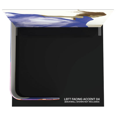 Trade show booth corner with large fabric graphic panel featuring a model, ideal for exhibitions and events