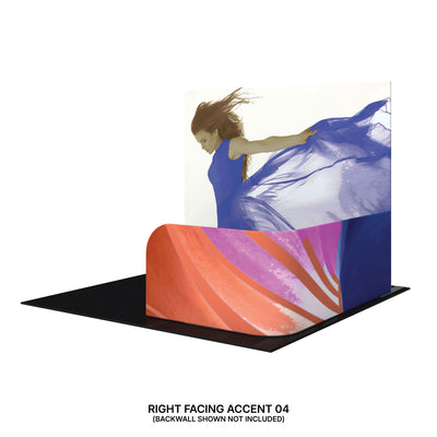 Curved trade show accent panel featuring dynamic abstract and photographic graphics for exhibition displays