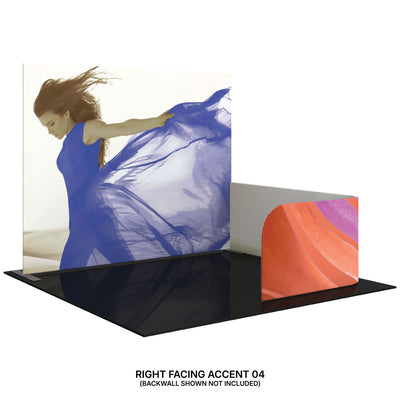 Trade show display with large graphic panel featuring a flowing fabric image and an accent counter for exhibitions