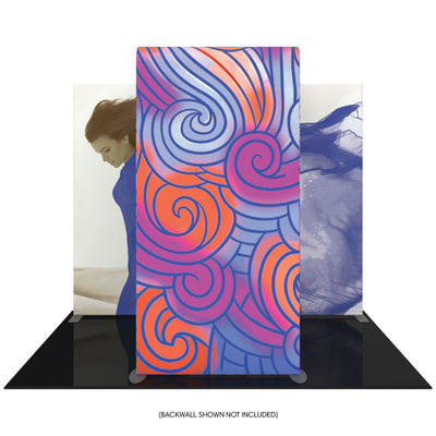 Decorative fabric tension display with swirling pattern for trade shows and special events exhibit