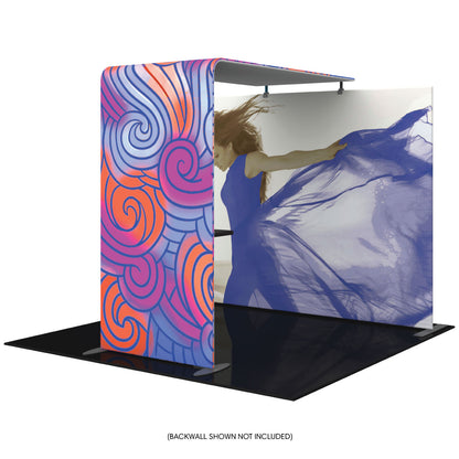 Trade show fabric display booth with curved accent panel and overhead canopy for exhibitions and special events