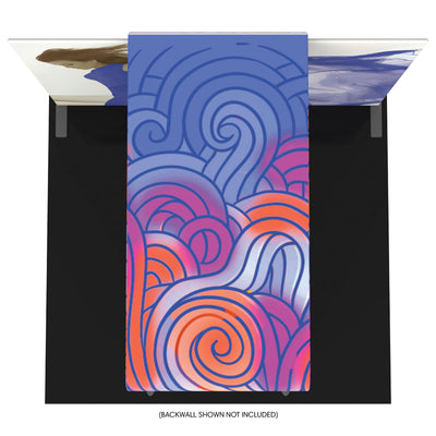 Trade show booth with colorful abstract swirl graphics on fabric display for exhibitions and events