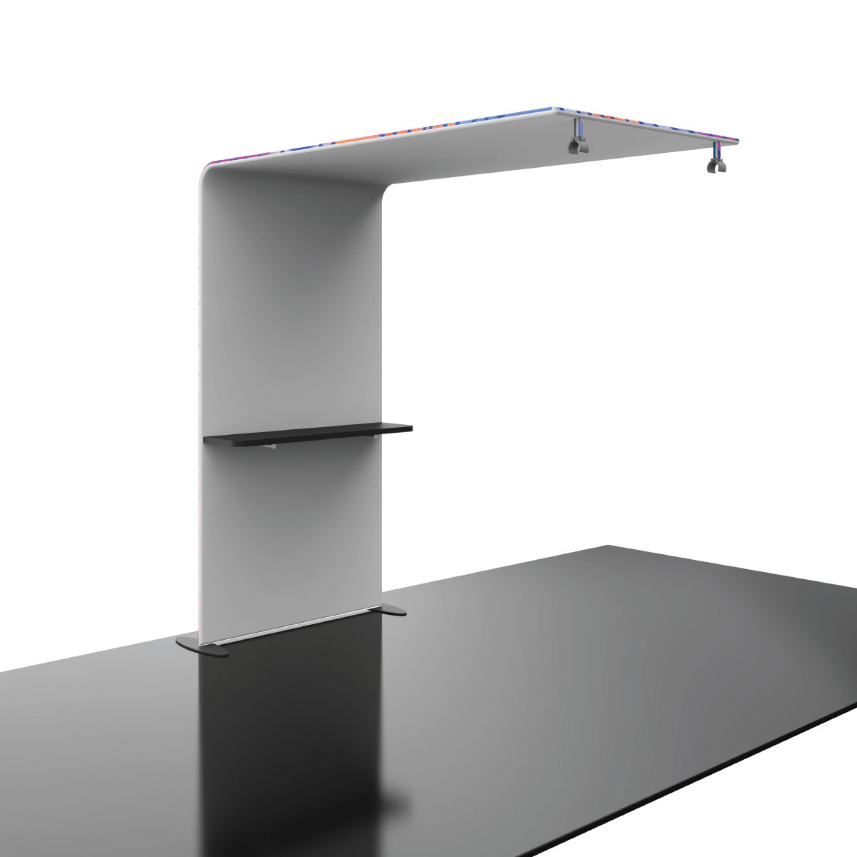 Modern trade show booth structure with curved overhead canopy and built-in shelves