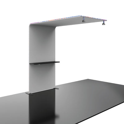 Modern trade show booth structure with curved overhead canopy and built-in shelves