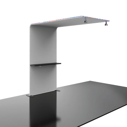 Modern trade show booth structure with curved overhead canopy and built-in shelves