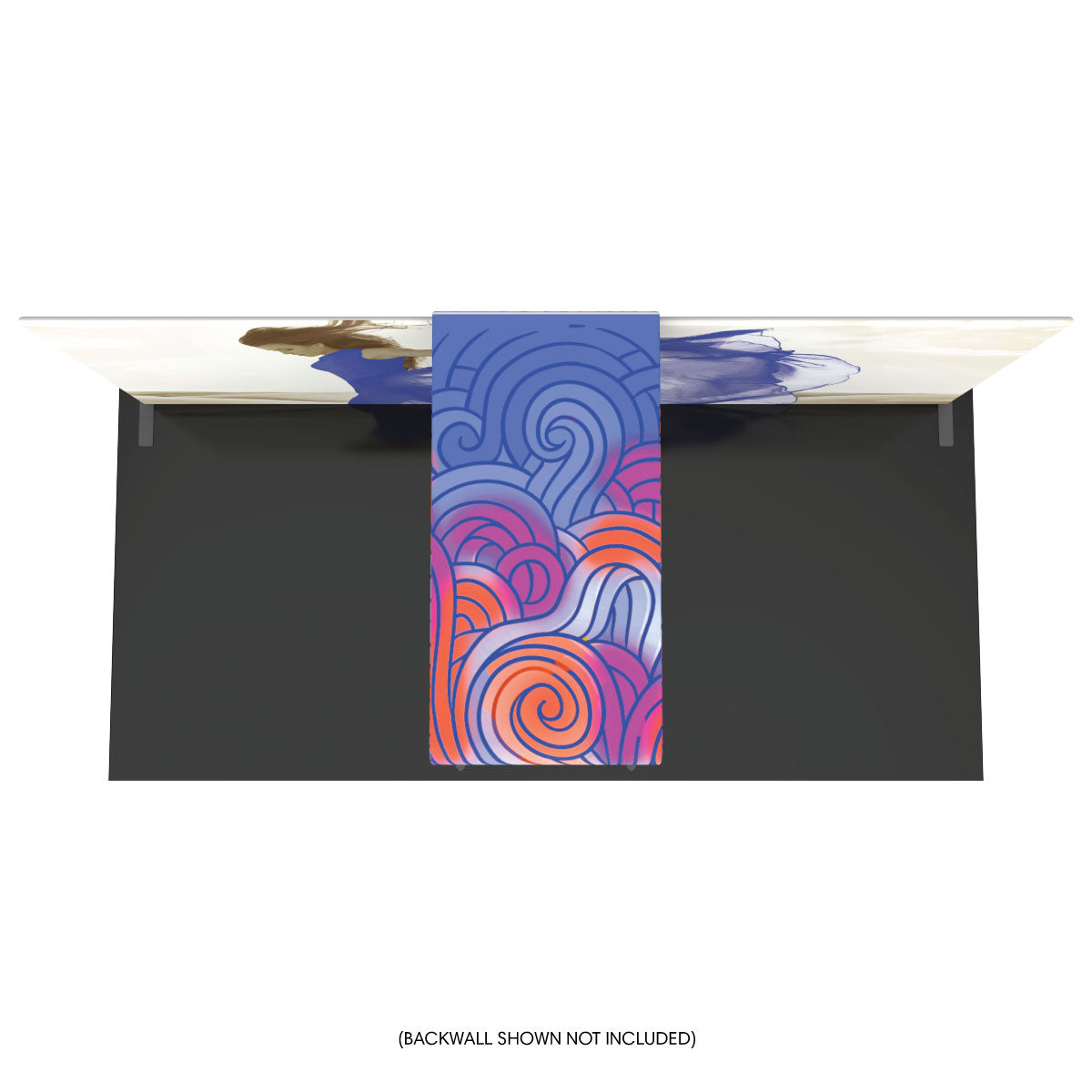 Trade show booth with a curved front desk featuring abstract swirl graphics for exhibitions and events