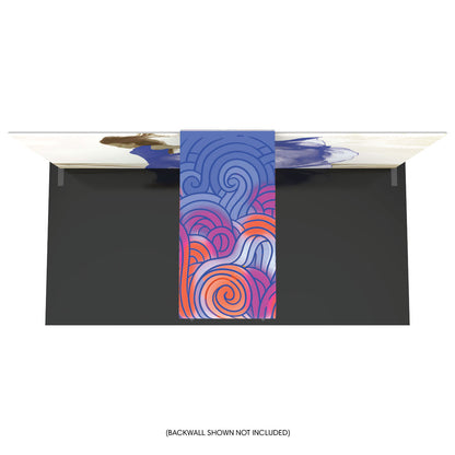 Trade show booth with a curved front desk featuring abstract swirl graphics for exhibitions and events