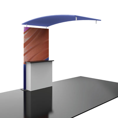 Modern trade show booth with curved fabric backwall and overhead canopy for exhibitions and events