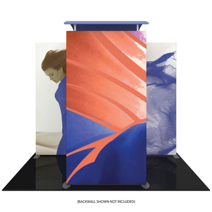 Trade show exhibit with graphic backwall and central fabric display featuring artistic images