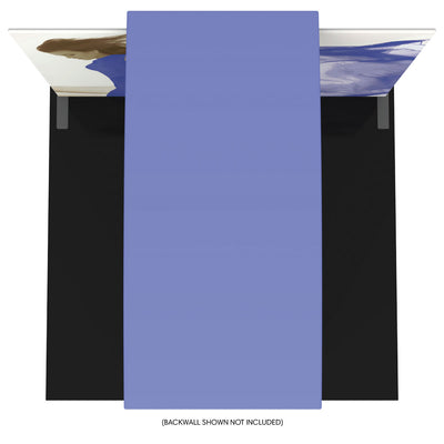 Trade show table setup with printed back panels and large table cover for exhibition display